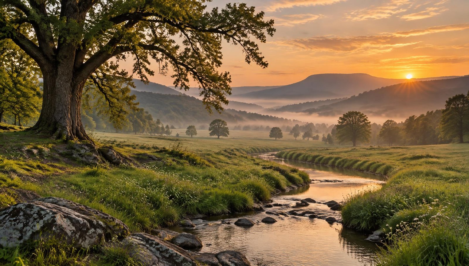 Sunrise over a quiet creek and old oak tree in the Tennessee Valley