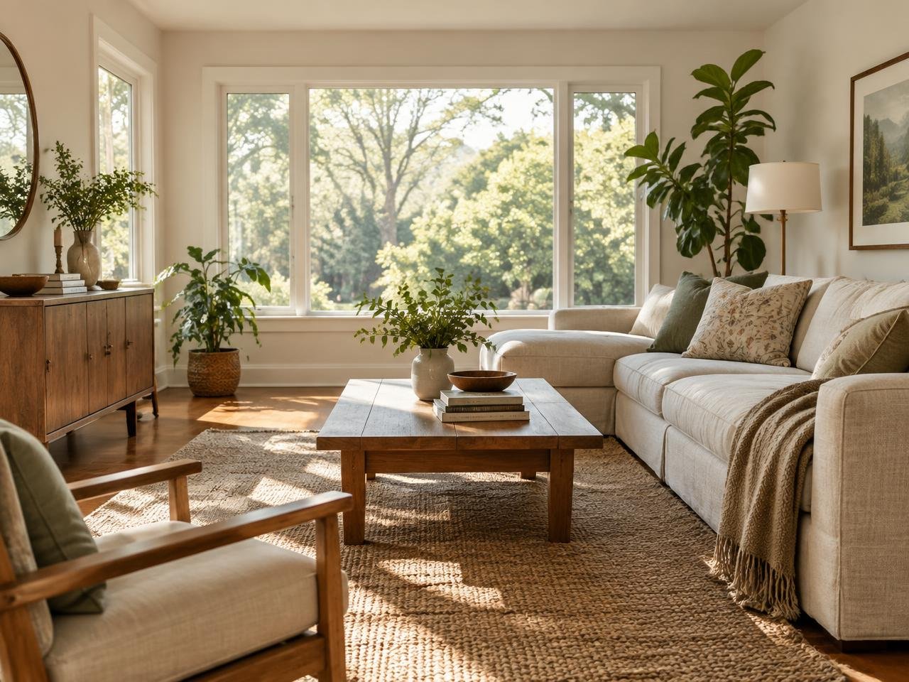A calm, sunlit living room looking out on trees