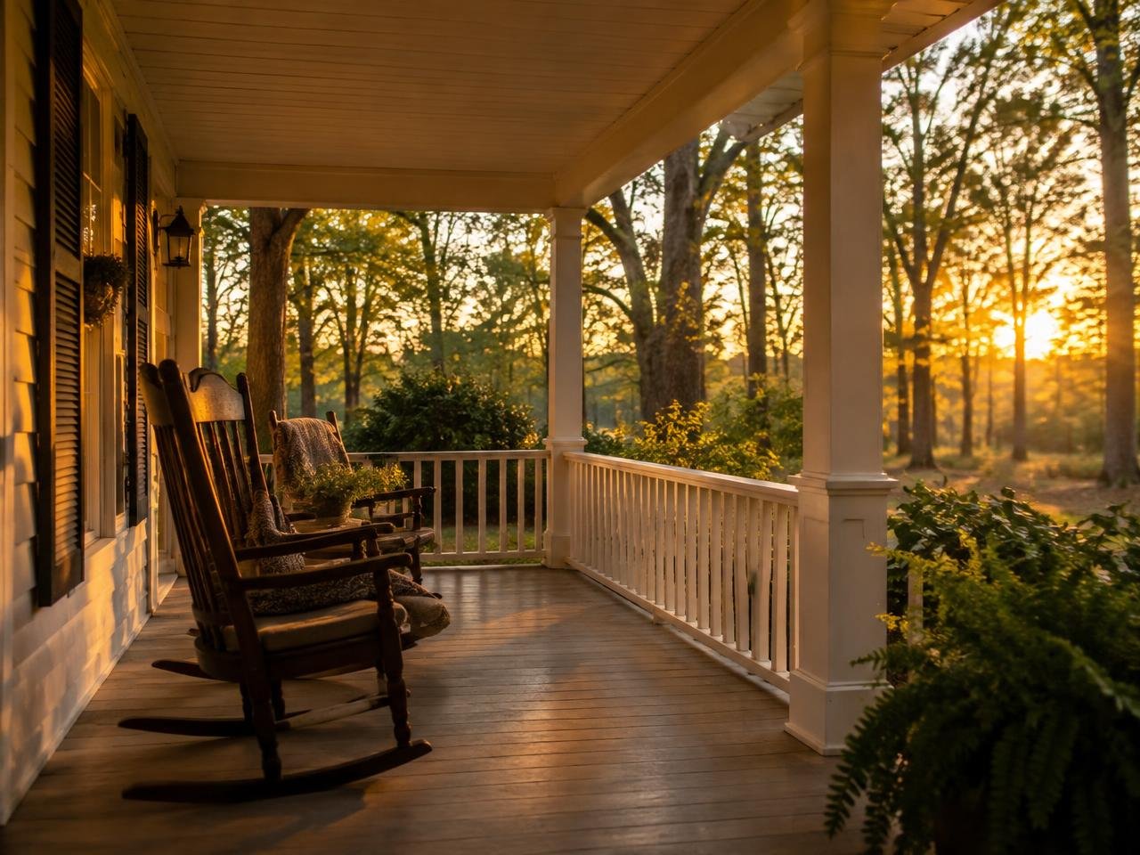 A quiet porch with rocking chairs at golden hour